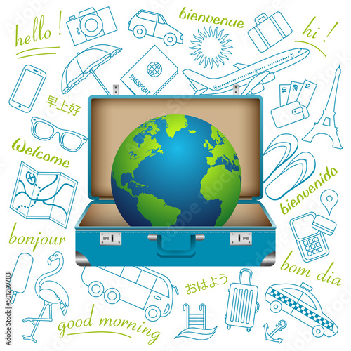 Affiche touristique illustrée dune valise ouverte contenant la planète terre sur un fond de pictogrammes sur le thème du voyage - texte : multi-langage, traduction : bonjour, bienvenue.