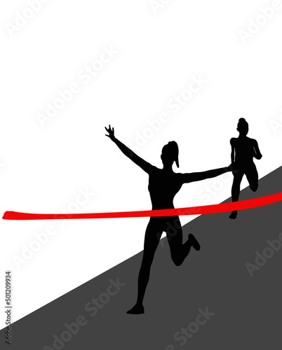 Winner woman runner winning on finishing line vector illustration. Vertical design of victory, accomplishment or achievement concept with copy space for advertisement text isolated on white background