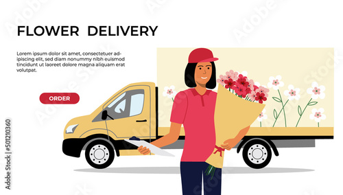 Stock vector hand drawn flat illustration flower delivery truck and courier holding bouquet of flowers