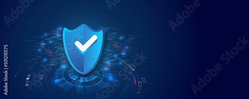 Cyber security and data protection. Shield icon, future technology for verification. Abstract high tech background. Data security system, information, or network protection.
