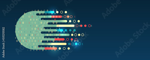 The flow of information in the form of waves and particles. Visualization of a large amount of data. Abstract transformation of information. Processing sorting data fragmentation. Business analytics.