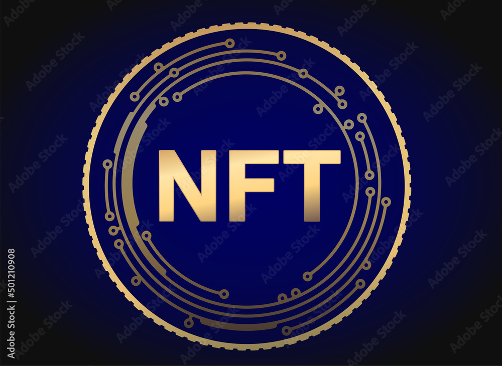 Golden coin cryptocurrency NFT sign with circle pcb electronic element for your design.