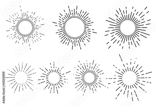 Set of seven vintage sunburst, sun rays, sunbeams, vector design elements for your design