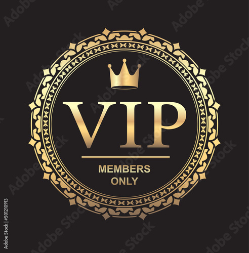 VIP round gold sign, luxure emblem with crown for your design.