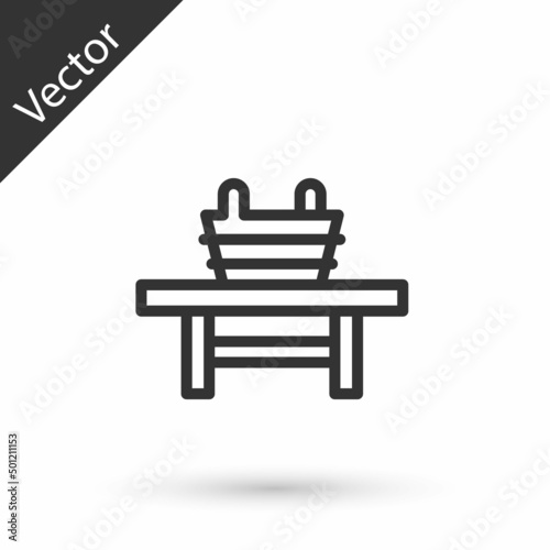 Grey line Sauna bench with bucket icon isolated on white background. Vector