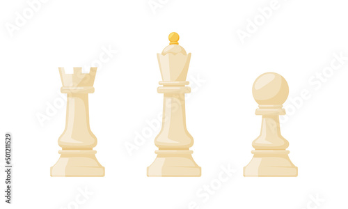 White queen, pawn, rook chess pieces set. Intellectual strategic board game vector illustration