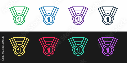 Set line Dog award symbol icon isolated on black and white background. Medal with dog footprint as pets exhibition winner concept. Vector