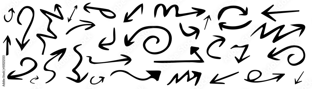 Hand drawn set of arrows. Collection black arrow on white background. Vector illustration. Hand drawn set of arrows. Collection black arrow on white background. Vector illustration.