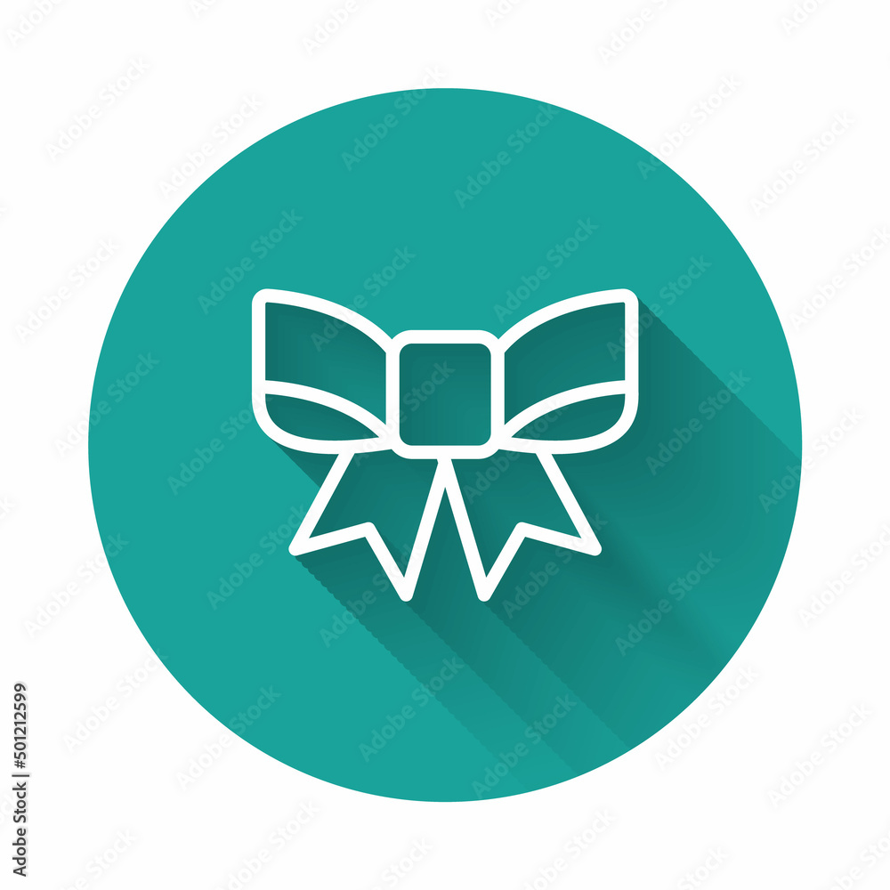 White line Gift bow icon isolated with long shadow background. Green circle button. Vector White line Gift bow icon isolated with long shadow background. Green circle button. Vector