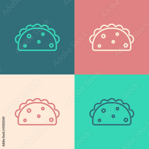 Pop art line Taco with tortilla icon isolated on color background. Traditional mexican fast food menu. Vector