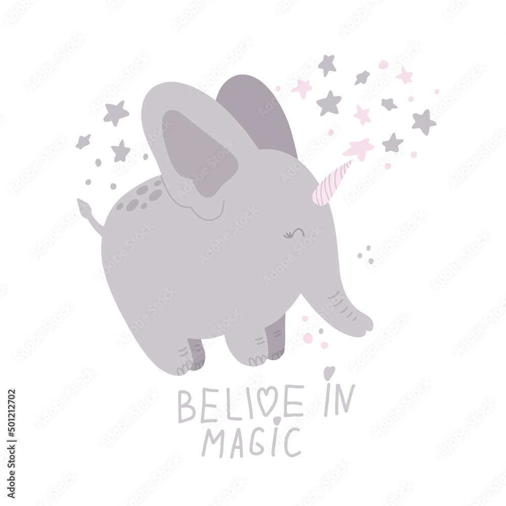 Fototapeta premium Cute magical elephant illustration on white background. Kids clipart for print, poster, sublimation, baby shower, birthday greeting card
