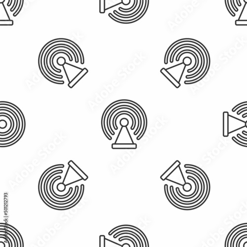 Grey line Radar icon isolated seamless pattern on white background. Search system. Satellite sign. Vector
