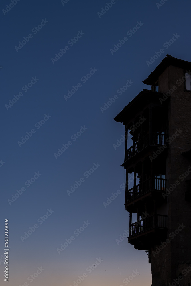 Silhouettes at night of the hanging houses, Cuenca. Spain. Silhouettes at night of the hanging houses, Cuenca. Spain.