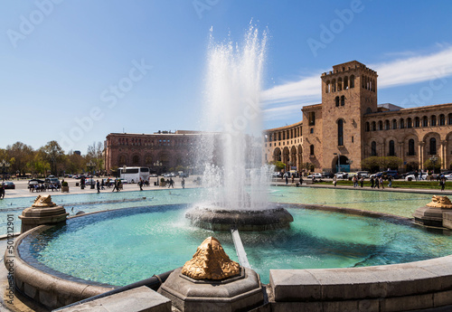 YEREVAN, ARMENIA - April 2022: Republic Square with a fountain and Ministry of Foreign Affairs of Armenia. Building is located in center of Yerevan. It was erected in the 40s. XX century