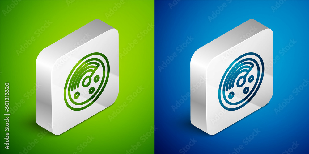 Isometric line Radar with targets on monitor in searching icon isolated on green and blue background. Search system. Navy sonar. Silver square button. Vector Isometric line Radar with targets on monitor in searching icon isolated on green and blue background. Search system. Navy sonar. Silver square button. Vector