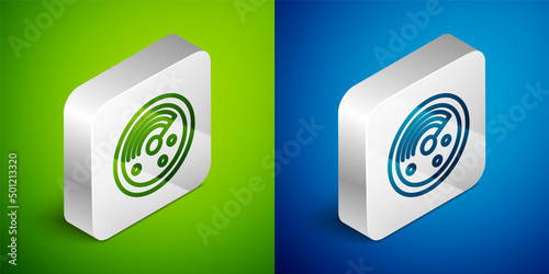 Isometric line Radar with targets on monitor in searching icon isolated on green and blue background. Search system. Navy sonar. Silver square button. Vector