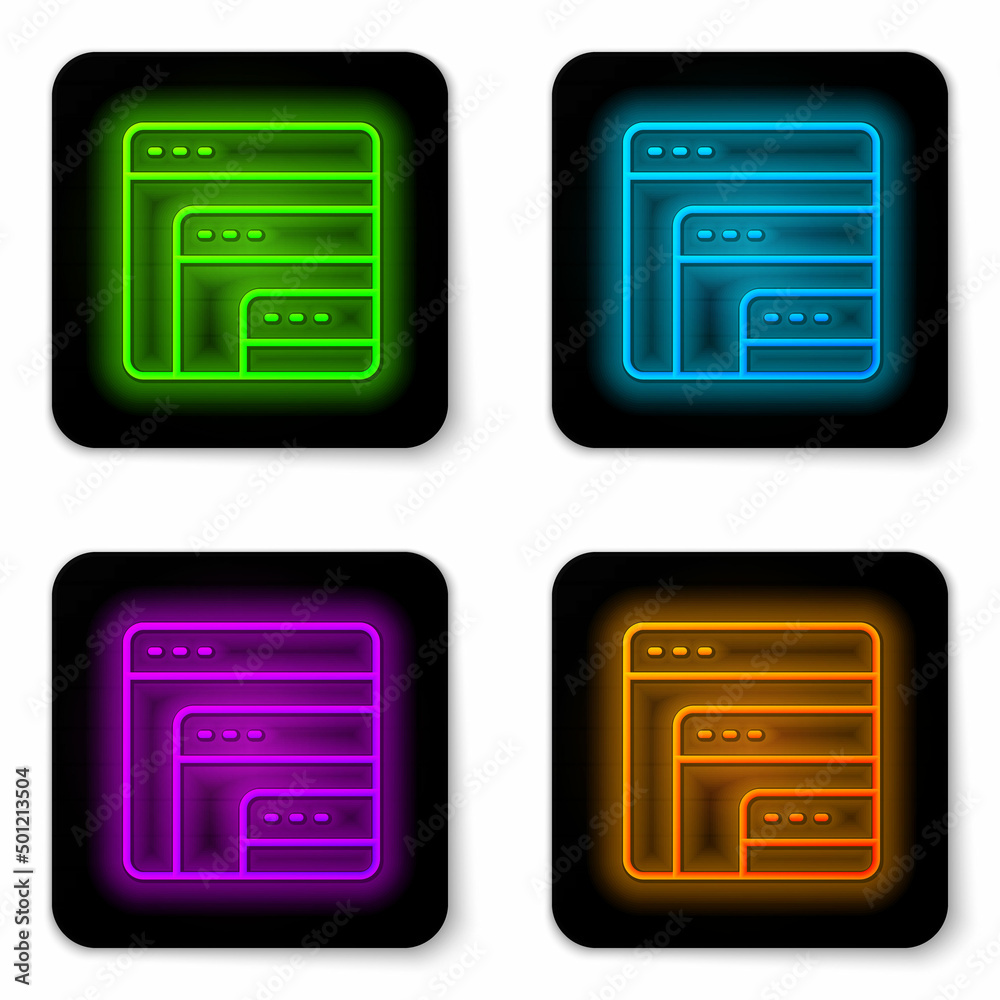 Glowing neon line Software, web developer programming code icon isolated on white background. Javascript computer script random parts of program code. Black square button. Vector Glowing neon line Software, web developer programming code icon isolated on white background. Javascript computer script random parts of program code. Black square button. Vector