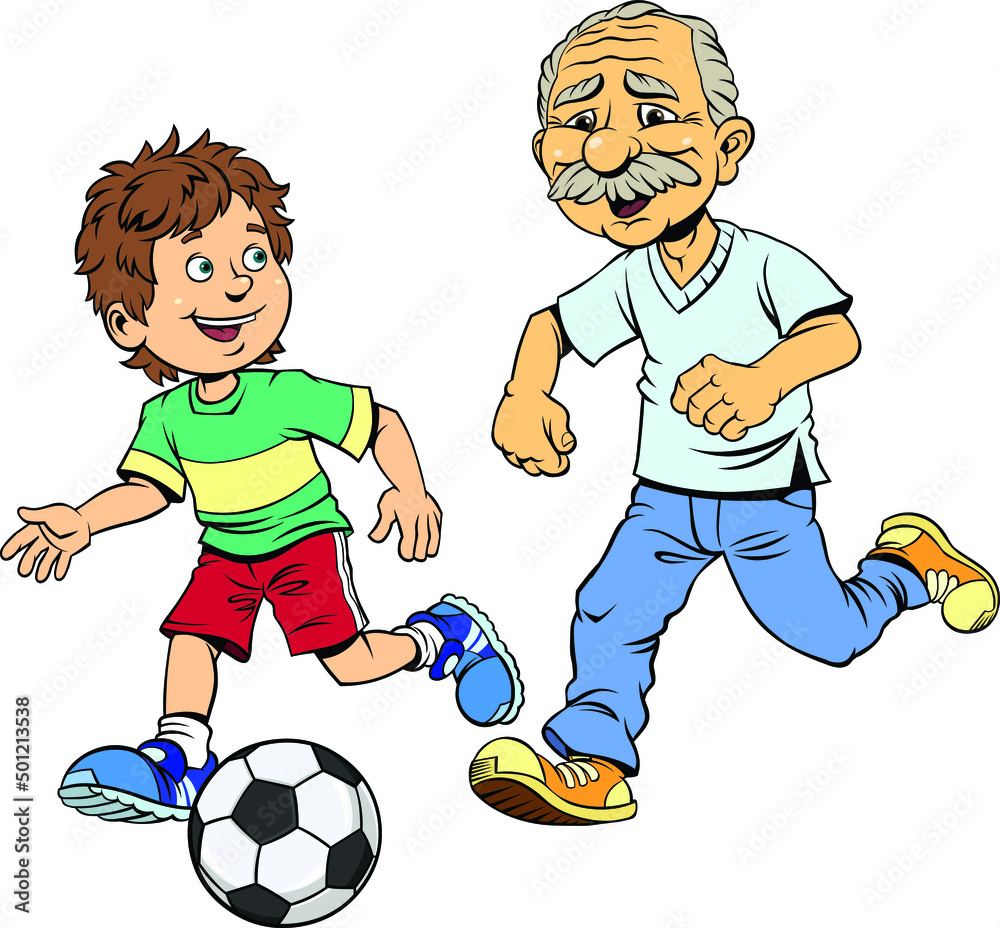 Obraz premium Grandfather with grandson playing football. Color vector illustration of Cheerful Grandfather and his grandson playing football.