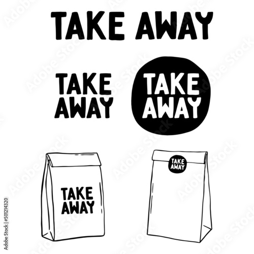 Hand drawn set of a take away bag. Vector illustration Burger house and take away. Doodle takeaway box.