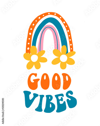 Vector lettering illustration. 1970s retro style. Send me good vibes slogan for graphic tee shirt. Icon of rainbow with daisy. Print to poster, sticker, banner, flyer, badge, advertising.