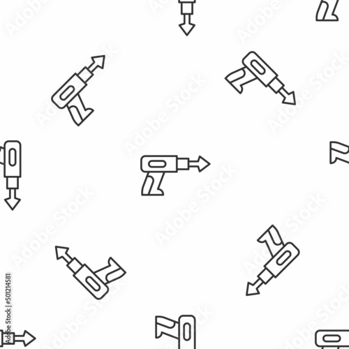 Grey line Fishing harpoon icon isolated seamless pattern on white background. Fishery manufacturers for catching fish under water. Diving underwater equipment. Vector
