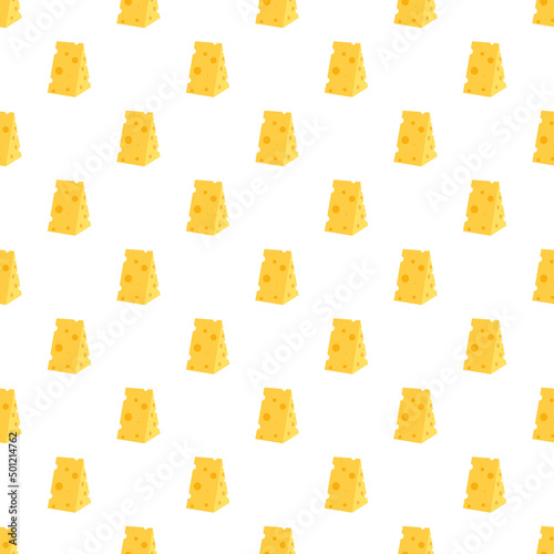 Cheese seamless pattern. Pieces of yellow cheese, isolated on a white background. Pieces of cheese of various shapes.