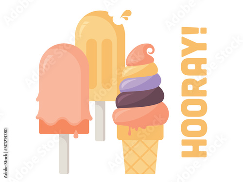 Modern colorful ice cream scoops, cones, and popsicles vector illustration