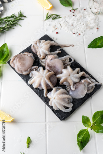 baby octopus. freshly frozen. beautiful serving on a platter. with herbs and spices on a light background