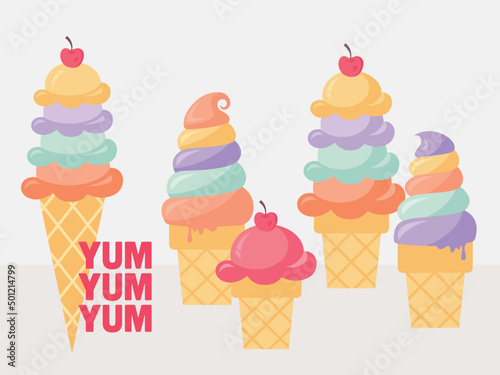 Modern colorful ice cream scoops and cones vector illustration