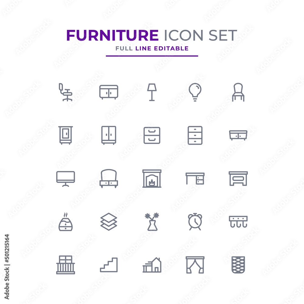 Furniture icons set simple illustration. contains a variety of furniture editable outline.