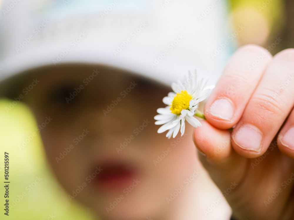 out of focus child holding a daisy out of focus child holding a daisy