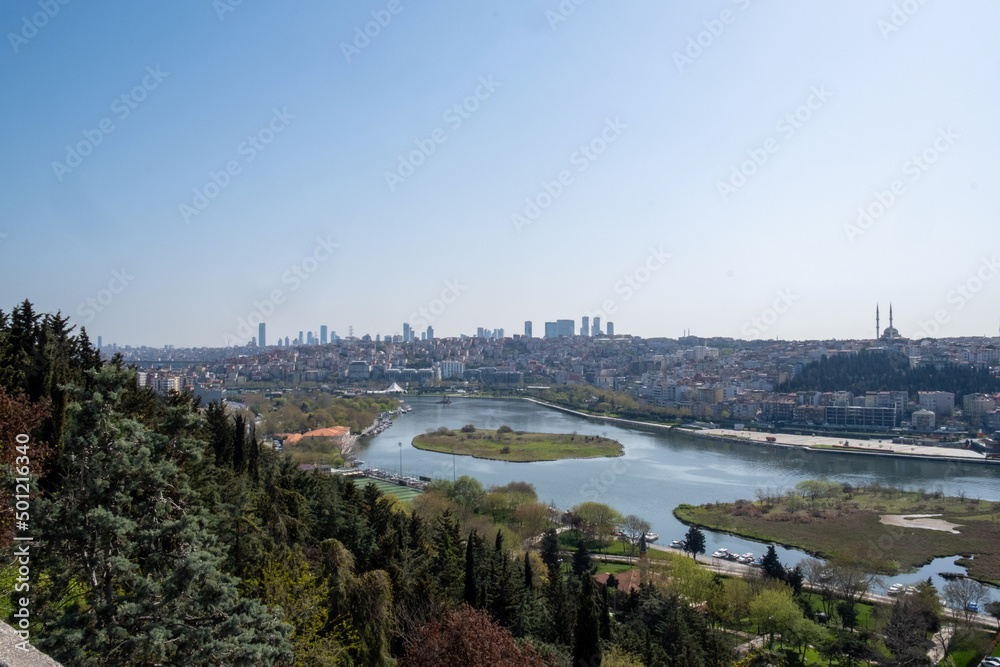 Panoramic view from the Pierre Loti Viewpoint in Istanbul. Golden Horn and Bosphorus. April 2022