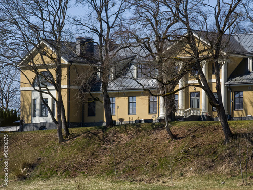Skrunda manor in sunny spring day, Latvia. © Bargais