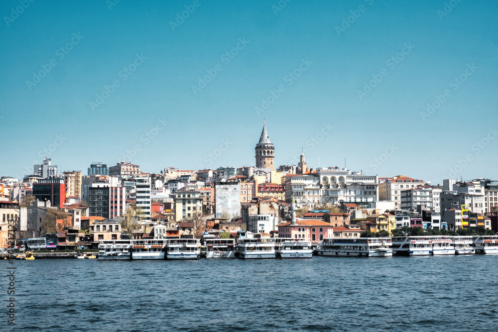 landscape on the shores of the golden horn and the Bosphorus in Istanbul. Boat