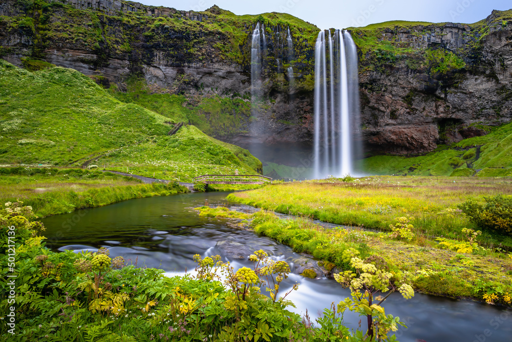Beautiful long time exposure image of Seljalandsfoss waterfall in Iceland.
