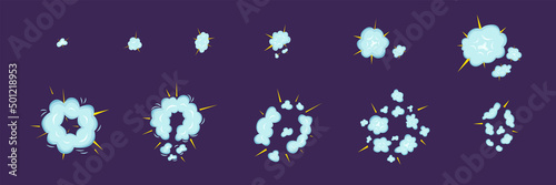 Top view sky blue sprite explosion set. Vector stock illustration isolated on black chalkboard background for animation comic move graphic design. 