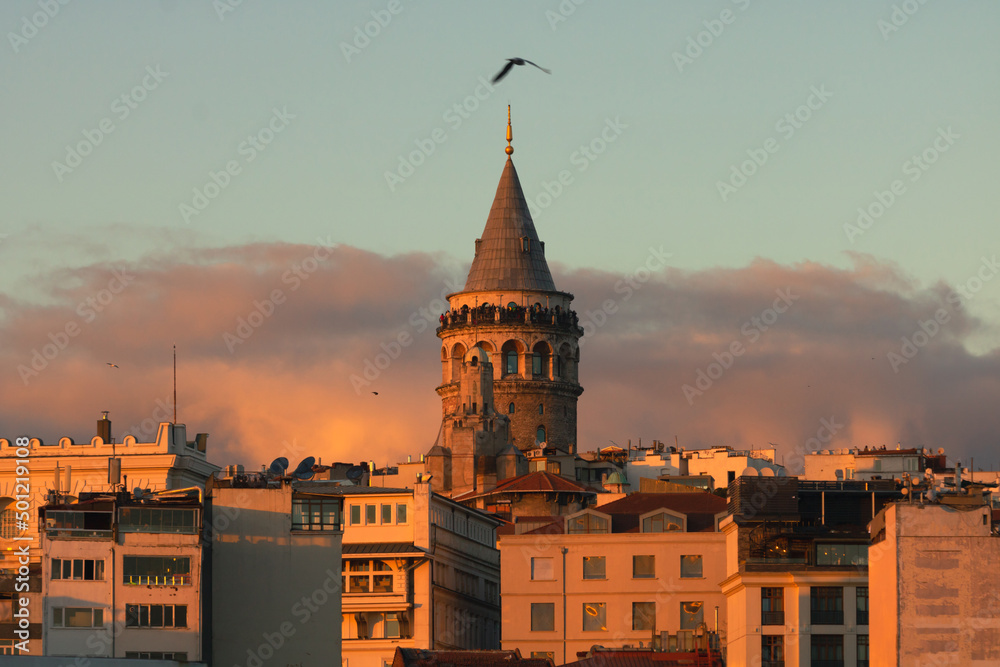 Galata Tower at sunset in Istanbul. Travel to Istanbul background photo