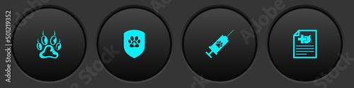 Set Paw print, Animal health insurance, Syringe with pet vaccine and Medical certificate for dog or cat icon. Vector