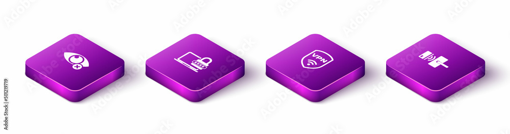 Set Isometric Invisible or hide, Laptop with password, Shield VPN wireless and Digital door lock icon. Vector Set Isometric Invisible or hide, Laptop with password, Shield VPN wireless and Digital door lock icon. Vector