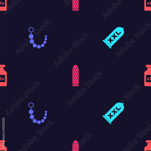 Set Condom safe sex, Anal beads, Dildo vibrator and Bottle with pills for potency on seamless pattern. Vector