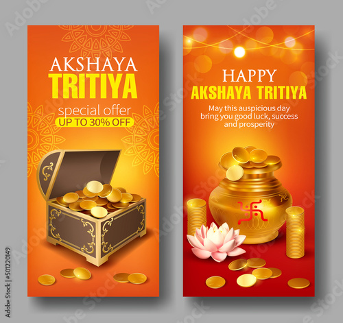 Promotion banners with gold pot (kalash), vintage box and coins for Indian festival Akshya Tritiya. Vector illustration.