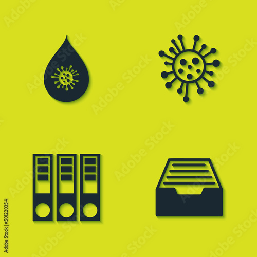Set Dirty water drop, Drawer with documents, Office folders and Bacteria icon. Vector