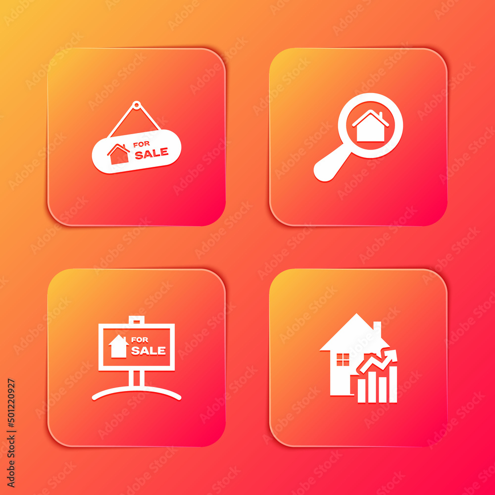 Set Hanging sign with For Sale, Search house, and Rising cost of housing icon. Vector Set Hanging sign with For Sale, Search house, and Rising cost of housing icon. Vector