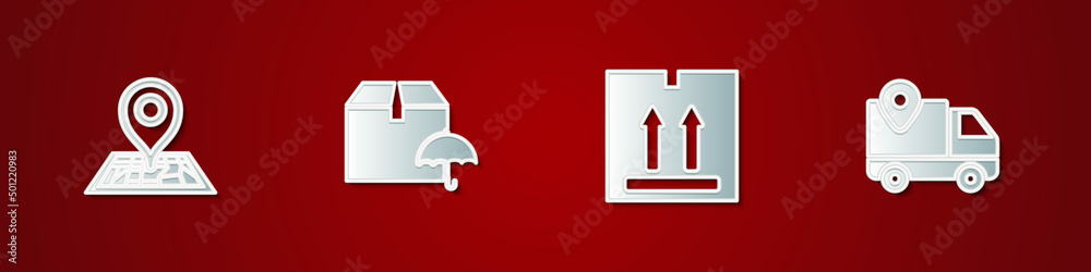 Set Placeholder on map, Delivery package with umbrella, Cardboard box traffic and tracking icon. Vector Set Placeholder on map, Delivery package with umbrella, Cardboard box traffic and tracking icon. Vector