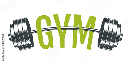 Vector vintage emblem for gym with barbell. Emblem of steel barbell for bodybuilding and fitness.