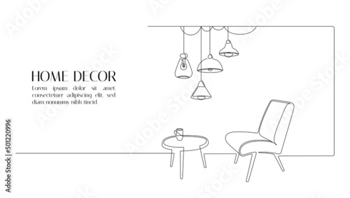 Continuous one line drawing of armchair and table with cup. Cozy modern stylish furniture for living room or hotel concept in simple linear style. Editable stroke. Doodle vector illustration