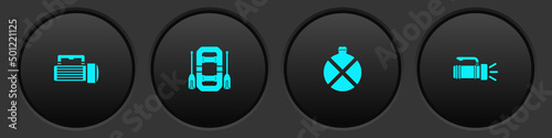 Set Flashlight, Rafting boat, Canteen water bottle and icon. Vector