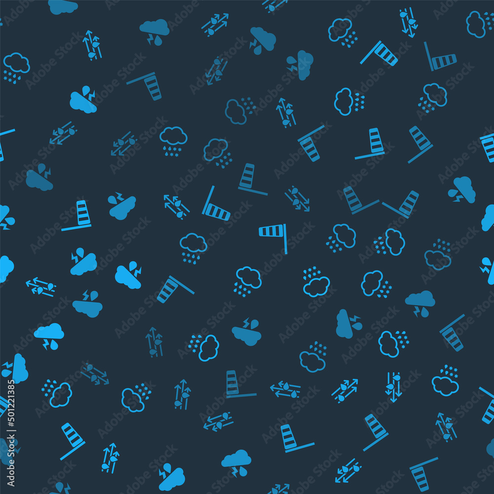 Set Wind and rain, Cloud with snow, Cone windsock wind vane and lightning on seamless pattern. Vector Set Wind and rain, Cloud with snow, Cone windsock wind vane and lightning on seamless pattern. Vector