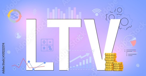 LTV Loan to value Short for lifetime value business concept Frequency Time period of customer purchases product or services Client base protection Financial income distribution Vector illustration
