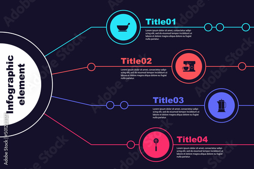 Set Mortar and pestle, Electric mixer, French press and Pizza knife. Business infographic template. Vector